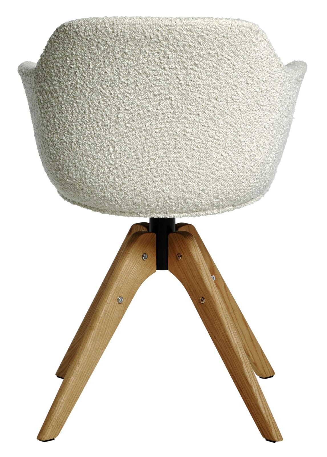 Rückansicht eines modernen Stuhls mit weißem, strukturiertem Stoffbezug und Holzbeinen.