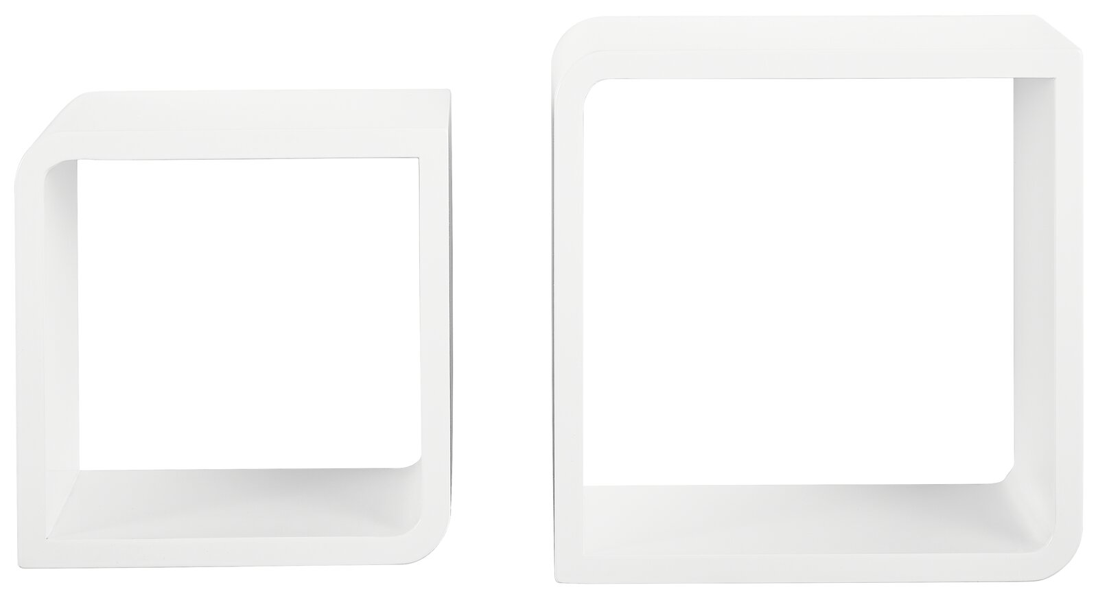 Zwei weiße, quadratische Wandregale in unterschiedlicher Größe, frontal betrachtet.