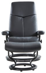 Moderner schwarzer Ledersessel mit Armlehnen und rundem Fuß, Frontalansicht