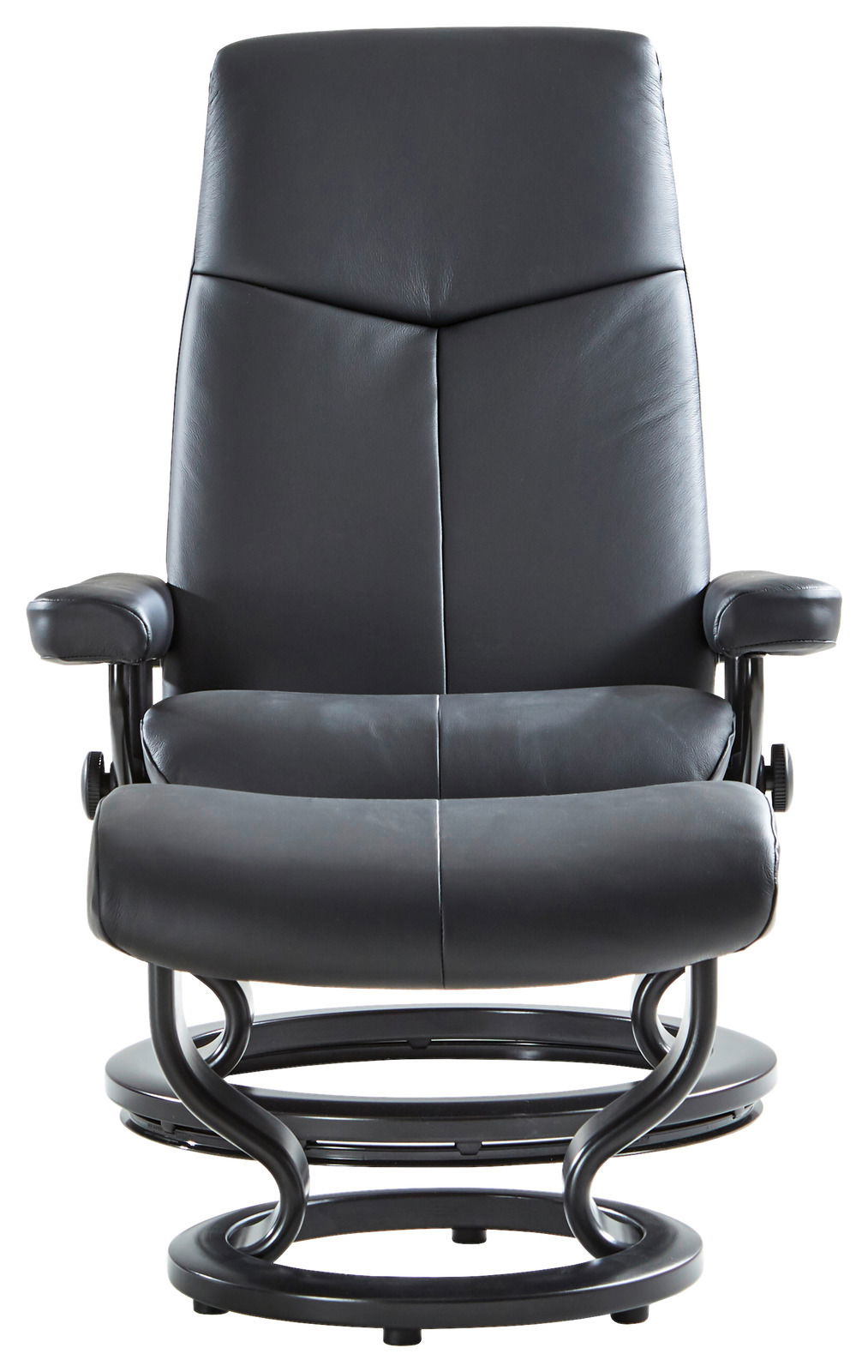 Moderner schwarzer Ledersessel mit Armlehnen und rundem Fuß, Frontalansicht