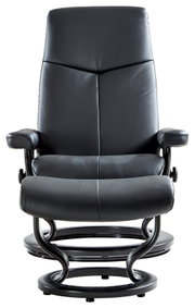 Moderne zwarte leren fauteuil met armleuningen en ronde voet, vooraanzicht