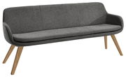 Graue Polsterbank mit Holzbeinen, seitliche Perspektive