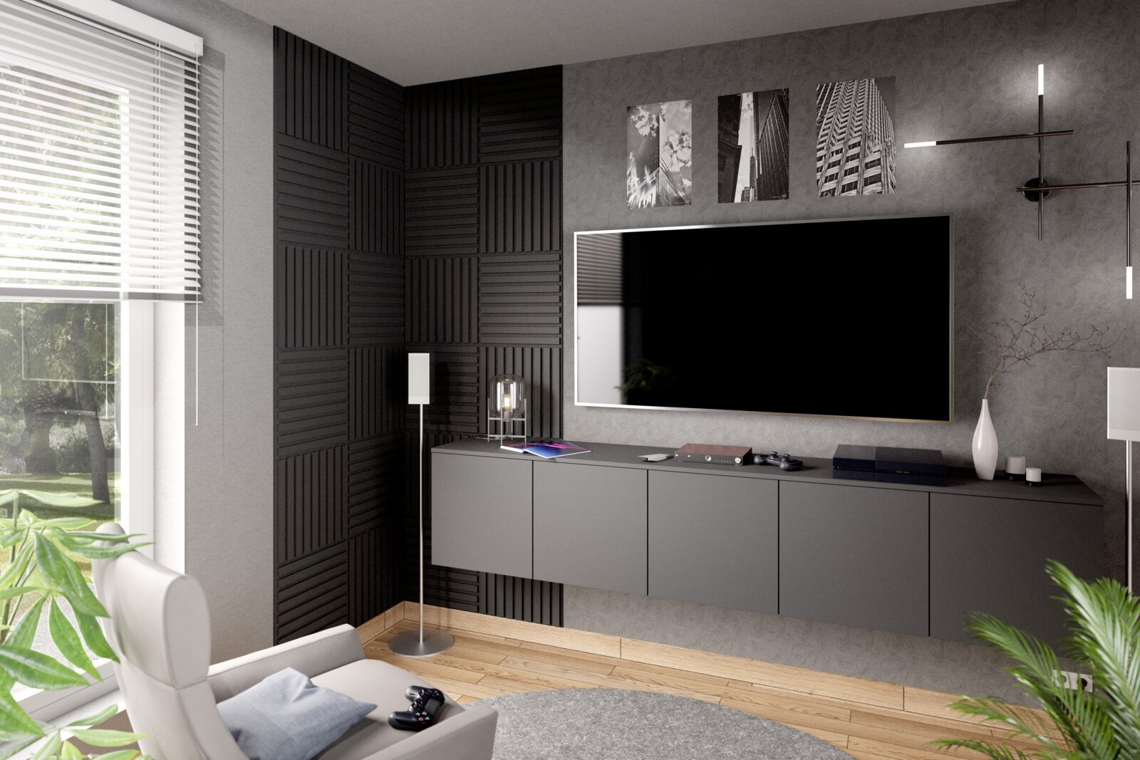 Modernes Wohnzimmer mit grauem Dekopaneel-Set an der Wand über einem großen Fernseher, seitliche Perspektive.