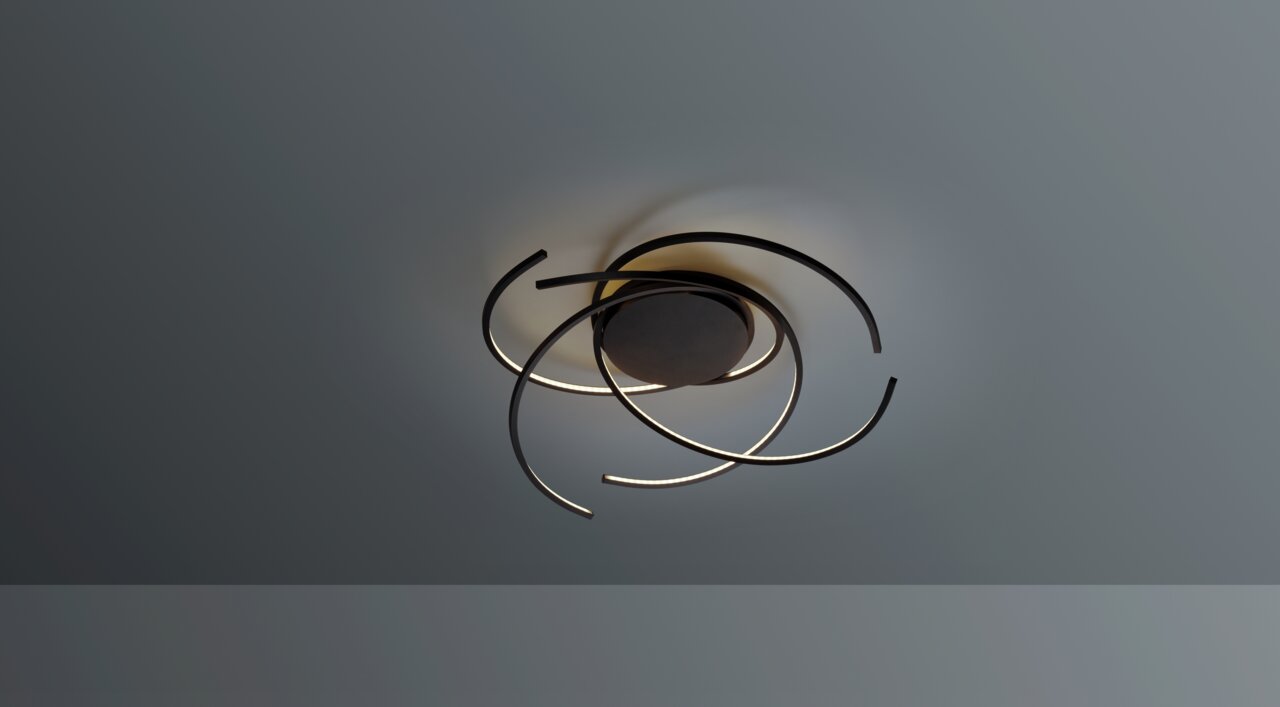 Moderne plafondlamp SPACE met gebogen ledstrips, gezien van onderaf.