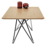 Moderner Esstisch mit Holzplatte und geometrischem Metallgestell, seitliche Perspektive