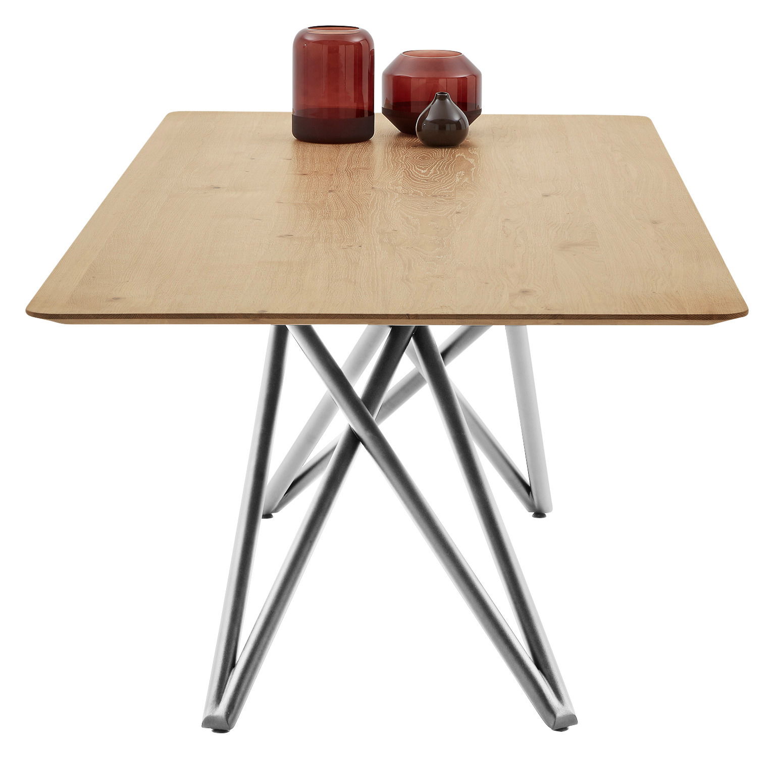 Moderner Esstisch mit Holzplatte und geometrischem Metallgestell, seitliche Perspektive