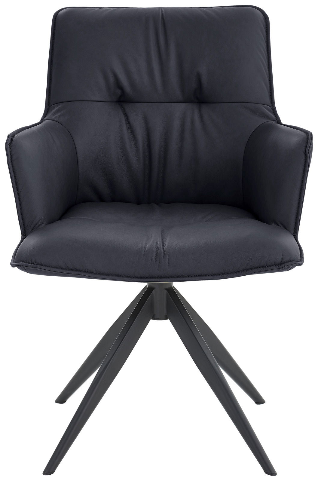 Moderner Design-Schalensessel in schwarzem Leder mit Metallbeinen, Frontalansicht