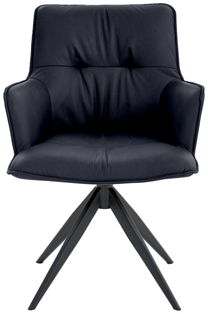 Moderner Design-Schalensessel in schwarzem Leder mit Metallbeinen, Frontalansicht