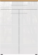 Moderner weißer Schuhschrank mit Holzoberfläche, Frontalansicht