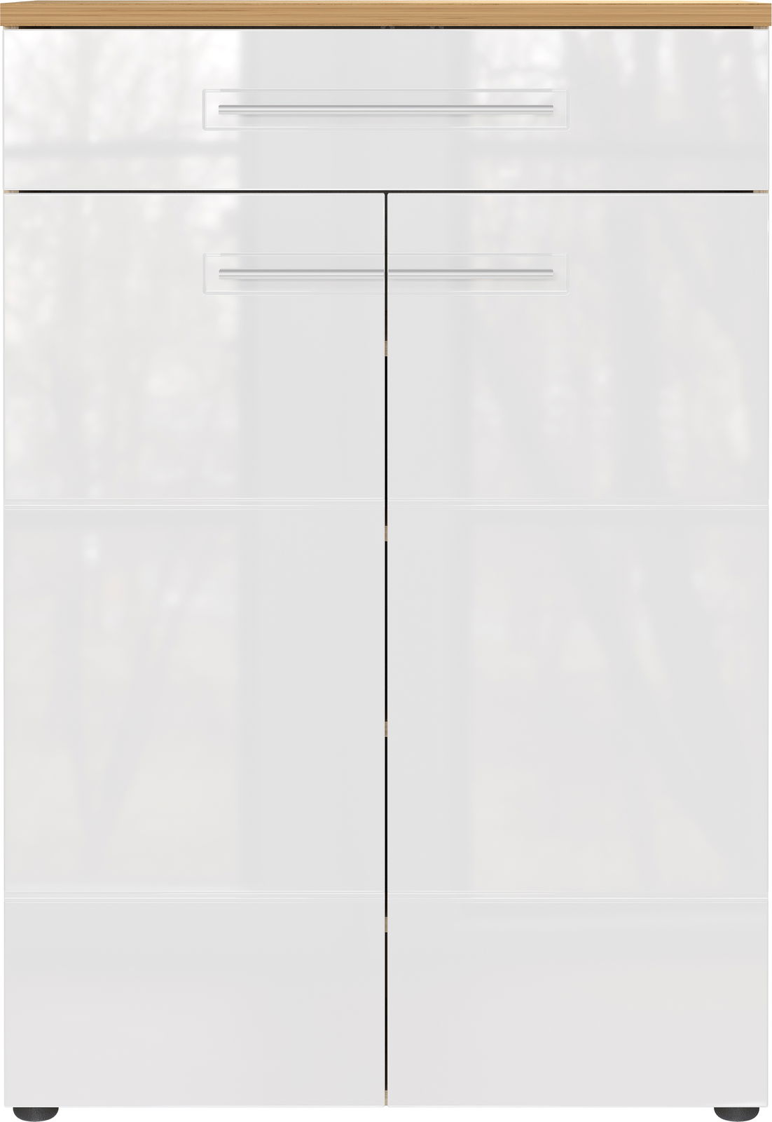 Moderner weißer Schuhschrank mit Holzoberfläche, Frontalansicht