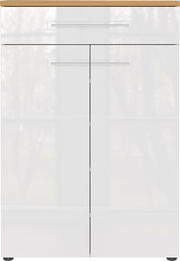 Moderner weißer Schuhschrank mit Holzoberfläche, Frontalansicht