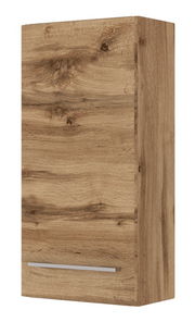 Hängeschrank aus Holz in Frontansicht mit natürlicher Holzmaserung und silbernem Griff.