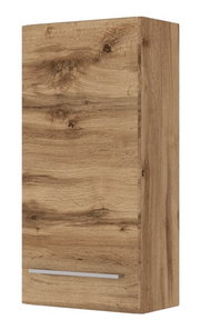 Hängeschrank aus Holz in Frontansicht mit natürlicher Holzmaserung und silbernem Griff.