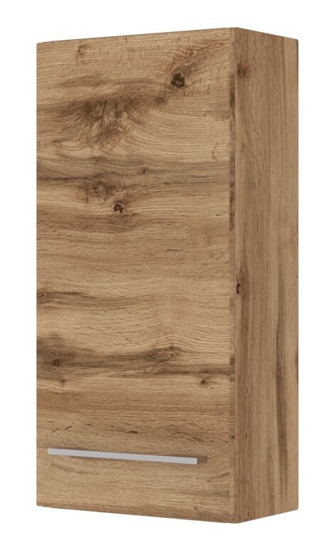 Hängeschrank aus Holz in Frontansicht mit natürlicher Holzmaserung und silbernem Griff.