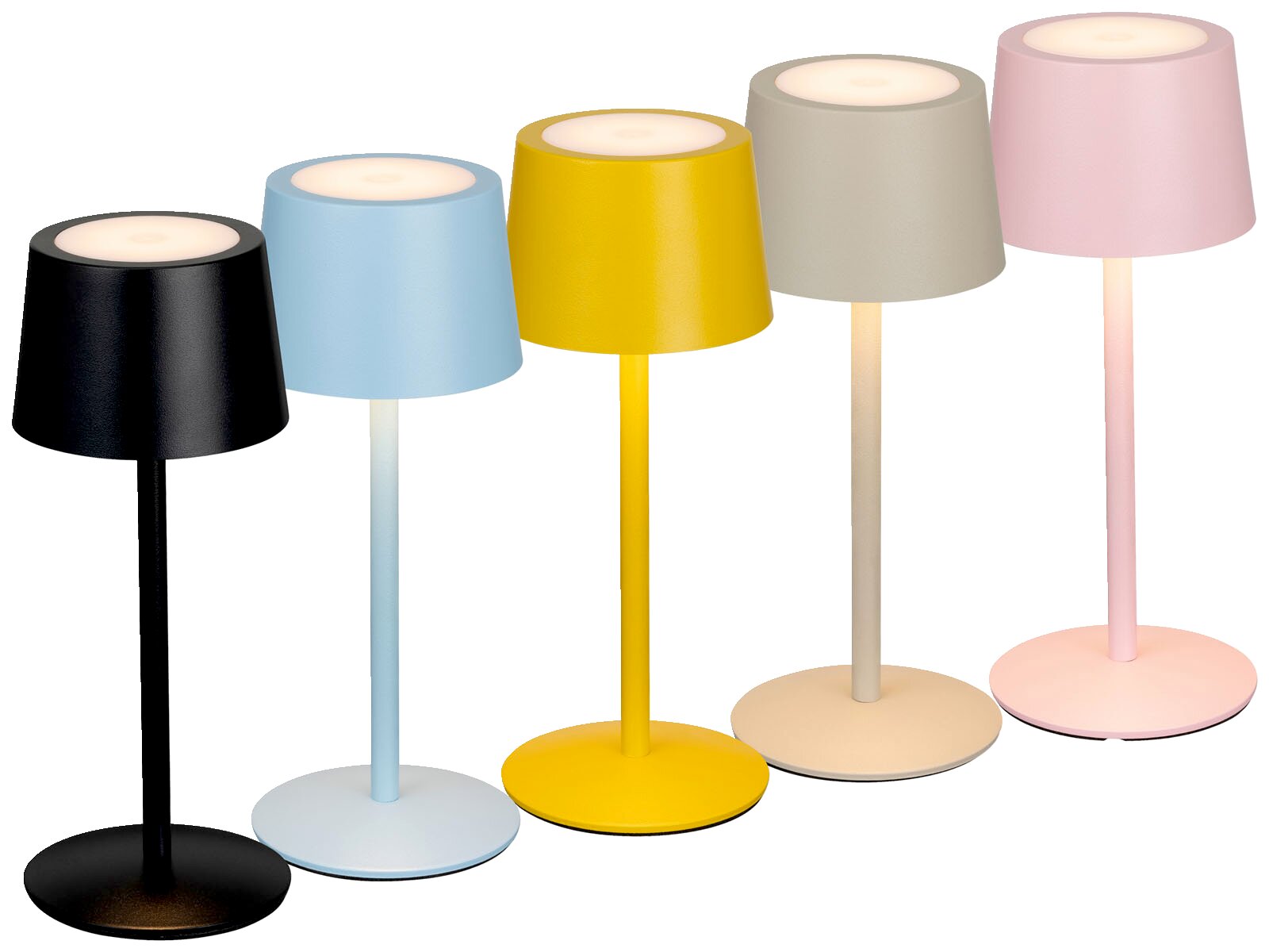 Fünf moderne kabellose LED-Tischlampen in Schwarz, Hellblau, Gelb, Beige und Rosa mit konischem Schirm und rundem Standfuß, freigestellt vor weißem Hintergrund, in leicht schräger Vorderansicht.