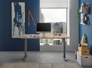 Moderner E-Schreibtisch in einem stilvollen Büro mit Blick auf die Natur durch ein großes Fenster, seitliche Perspektive.