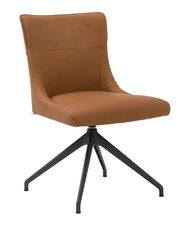 Moderner brauner Stuhl mit schwarzem Metallgestell, seitliche Perspektive