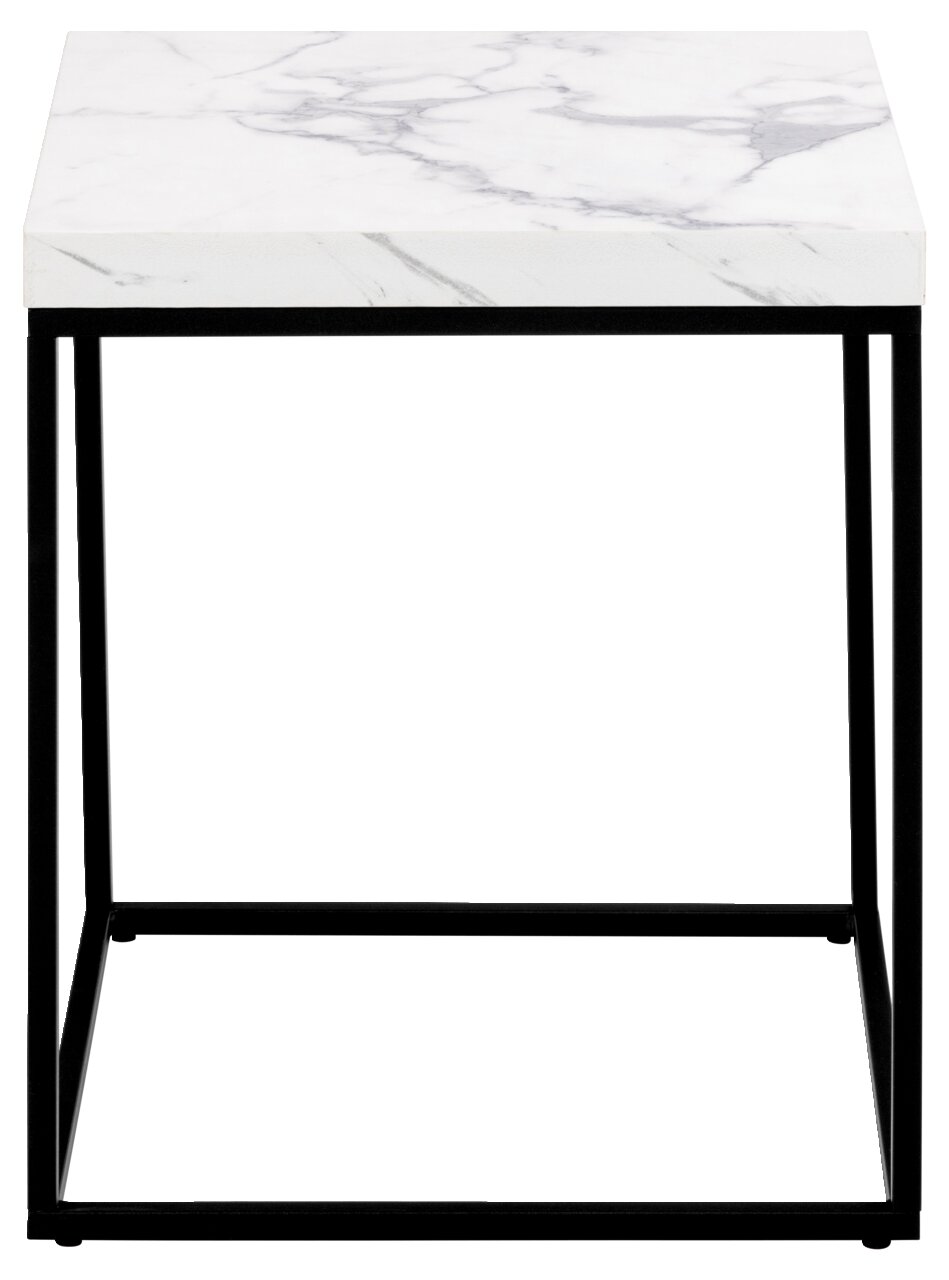 Moderner Couchtisch mit weißer Marmoroptik-Tischplatte und schwarzem Metallgestell, Frontalansicht.