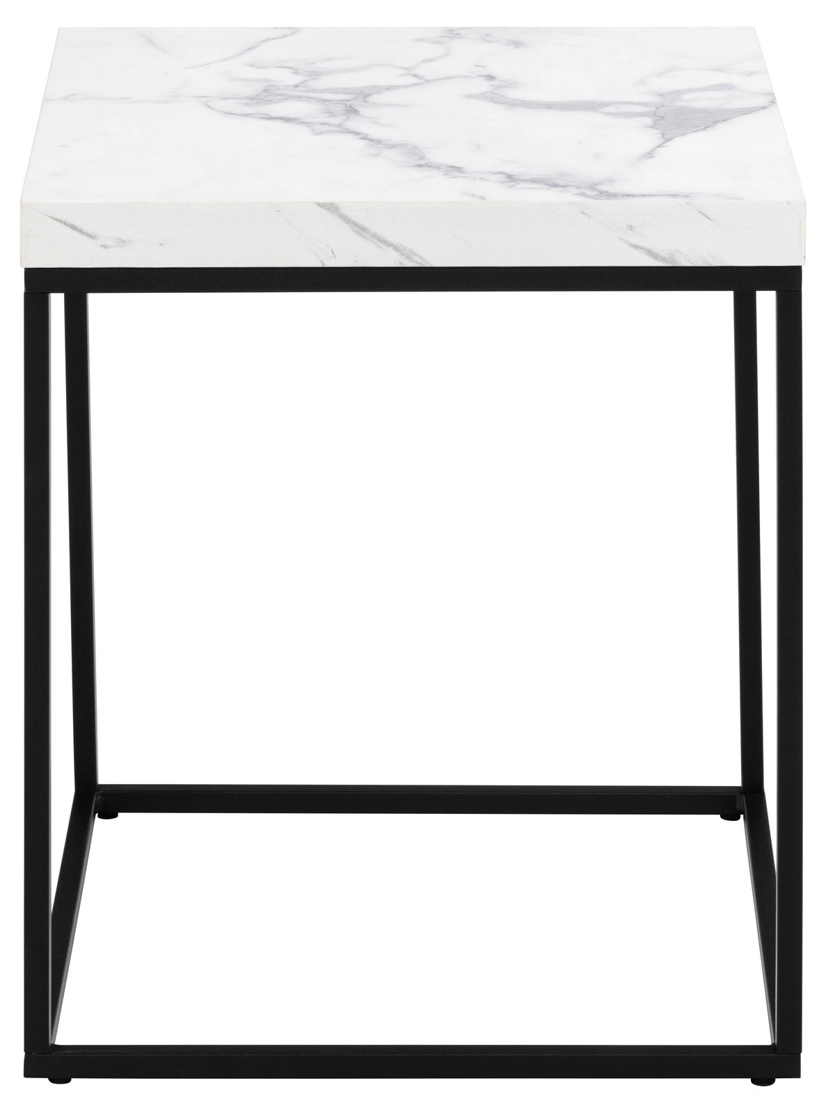 Moderner Couchtisch mit weißer Marmoroptik-Tischplatte und schwarzem Metallgestell, Frontalansicht.