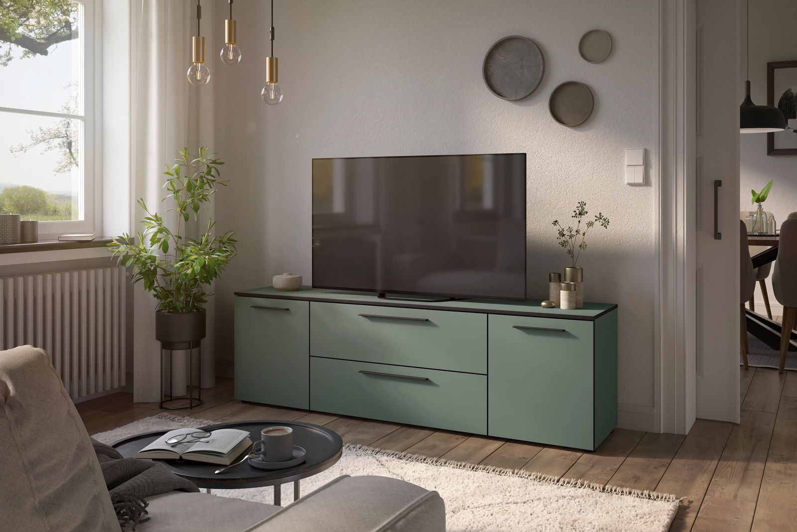 Modernes TV-Lowboard in einem stilvollen Wohnzimmer, seitliche Perspektive