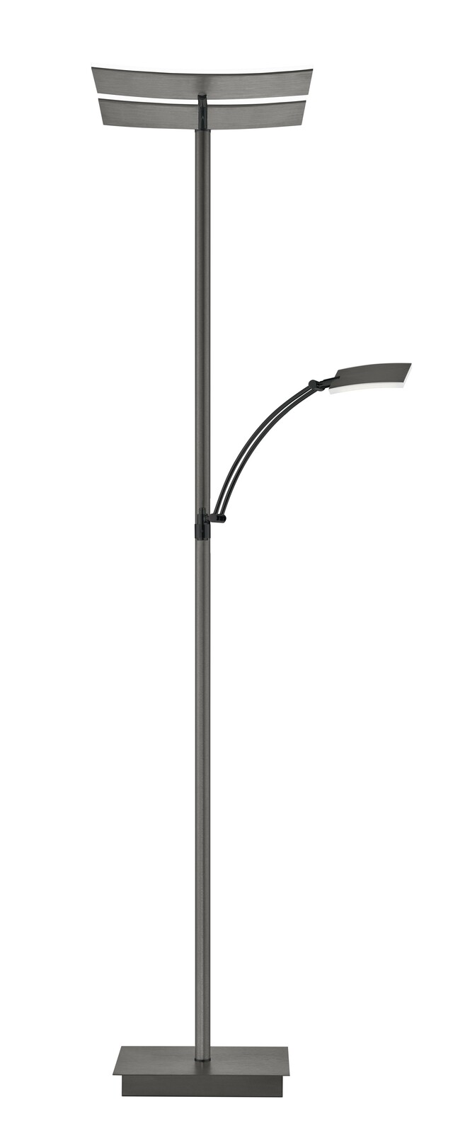 Moderne Stehleuchte ANDY in grauer Farbe, frontal abgebildet mit zwei Lichtquellen, einer nach oben gerichteten und einer seitlich verstellbaren.