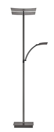 Moderne Stehleuchte ANDY in grauer Farbe, frontal abgebildet mit zwei Lichtquellen, einer nach oben gerichteten und einer seitlich verstellbaren.