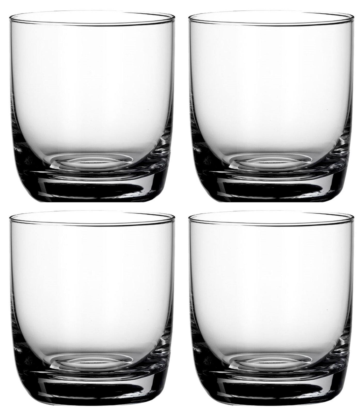 Vier transparente Whiskygläser in einer frontalen Ansicht, ideal für stilvolle Getränkemomente.