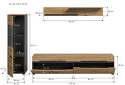 Bemaßte Produktansicht eines Wohnzimmersets in Holzoptik mit schwarzen Akzenten: links hohe Vitrine (ca. 36 x 33 x 125 cm) mit Glaseinsatz und Schublade, unten TV-Lowboard (ca. 170 x 38 cm) mit zwei Schubladen, oben Wandboard (ca. 130 x 19 x 18 cm); darge