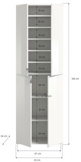Weißer, hoher Garderobenschrank mit mehreren Fächern, frontal abgebildet. Maße: 193 cm hoch, 61 cm breit, 34 cm tief.