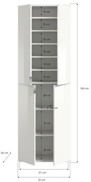 Weißer, hoher Garderobenschrank mit mehreren Fächern, frontal abgebildet. Maße: 193 cm hoch, 61 cm breit, 34 cm tief.