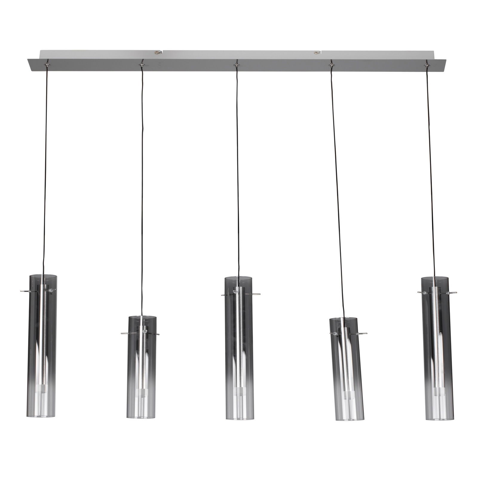 Moderne LED-Hängeleuchte mit fünf zylindrischen Lampenschirmen aus Metall, von vorne betrachtet.