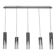 Moderne LED-Hängeleuchte mit fünf zylindrischen Lampenschirmen aus Metall, von vorne betrachtet.