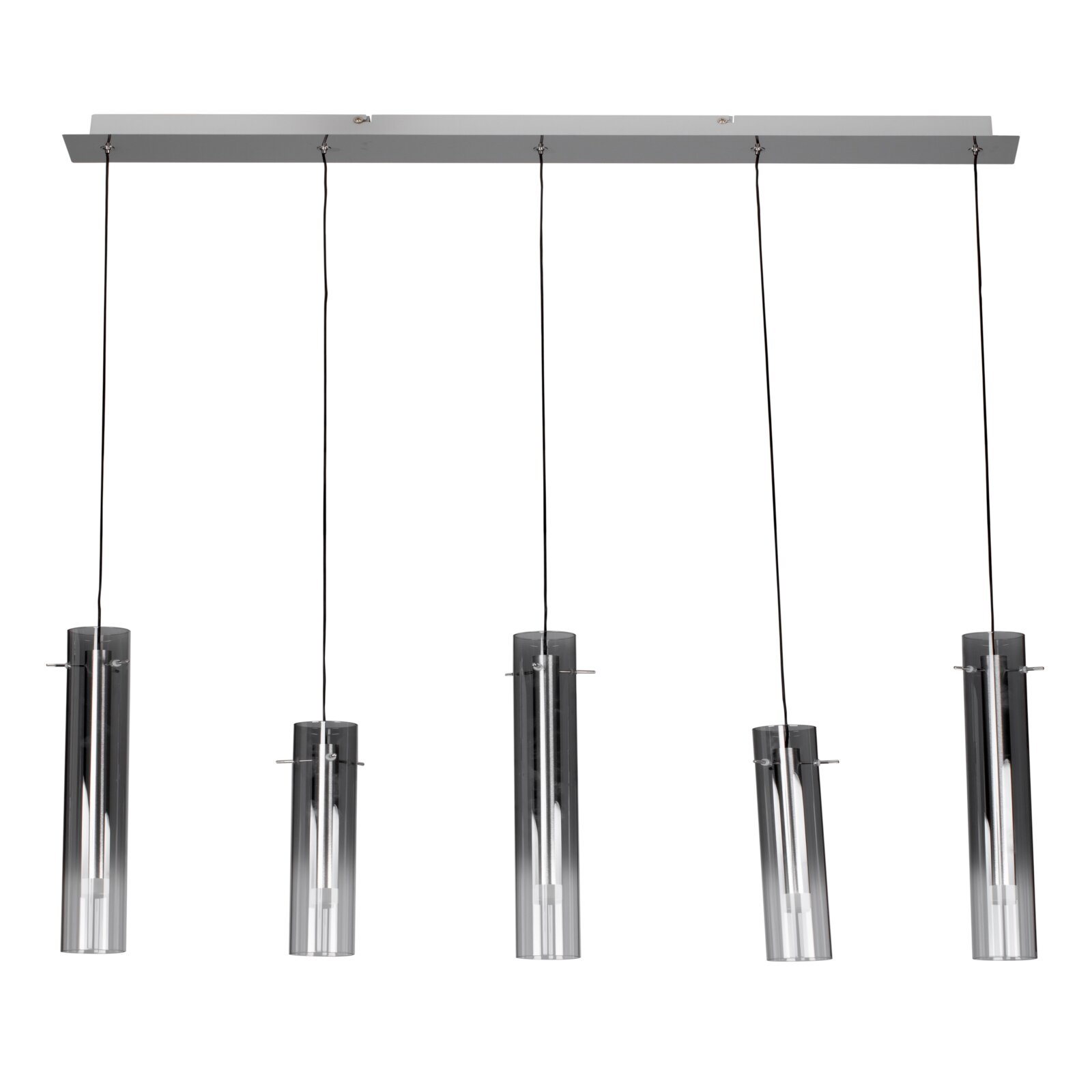 Moderne LED-hanglamp met vijf cilindervormige metalen lampenkappen, gezien vanaf de voorkant.