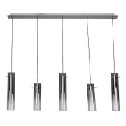 Moderne LED-hanglamp met vijf cilindervormige metalen lampenkappen, gezien vanaf de voorkant.