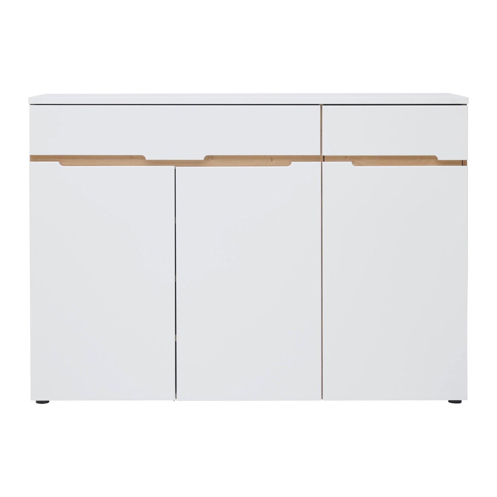 Weiße Kommode mit drei Türen und zwei Schubladen, Frontansicht