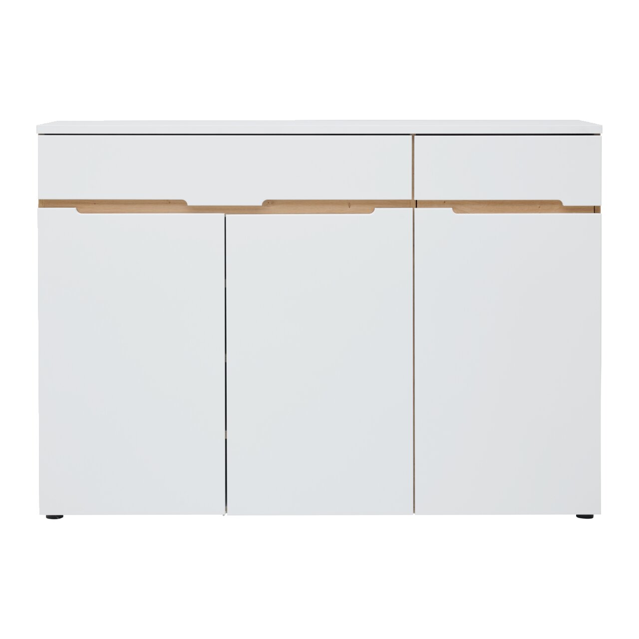 Weiße Kommode mit drei Türen und zwei Schubladen, Frontansicht