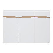 Weiße Kommode mit drei Türen und zwei Schubladen, Frontansicht