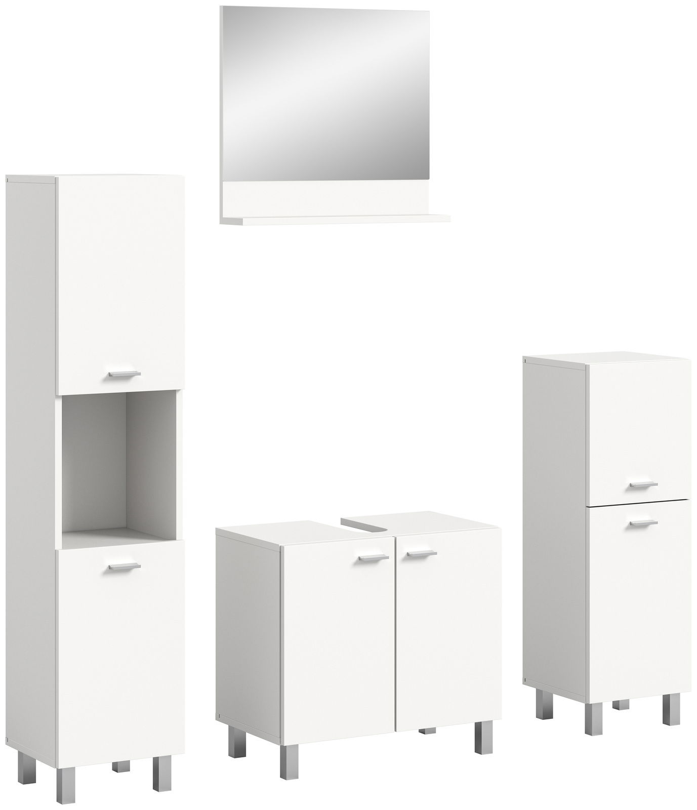 Weiße Badkombination BOSTON bestehend aus einem Spiegel, einem hohen Schrank, einem Waschbeckenunterschrank und einem weiteren Schrank, frontal abgebildet.