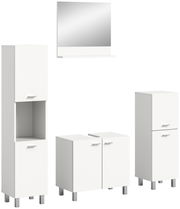 Weiße Badkombination BOSTON bestehend aus einem Spiegel, einem hohen Schrank, einem Waschbeckenunterschrank und einem weiteren Schrank, frontal abgebildet.