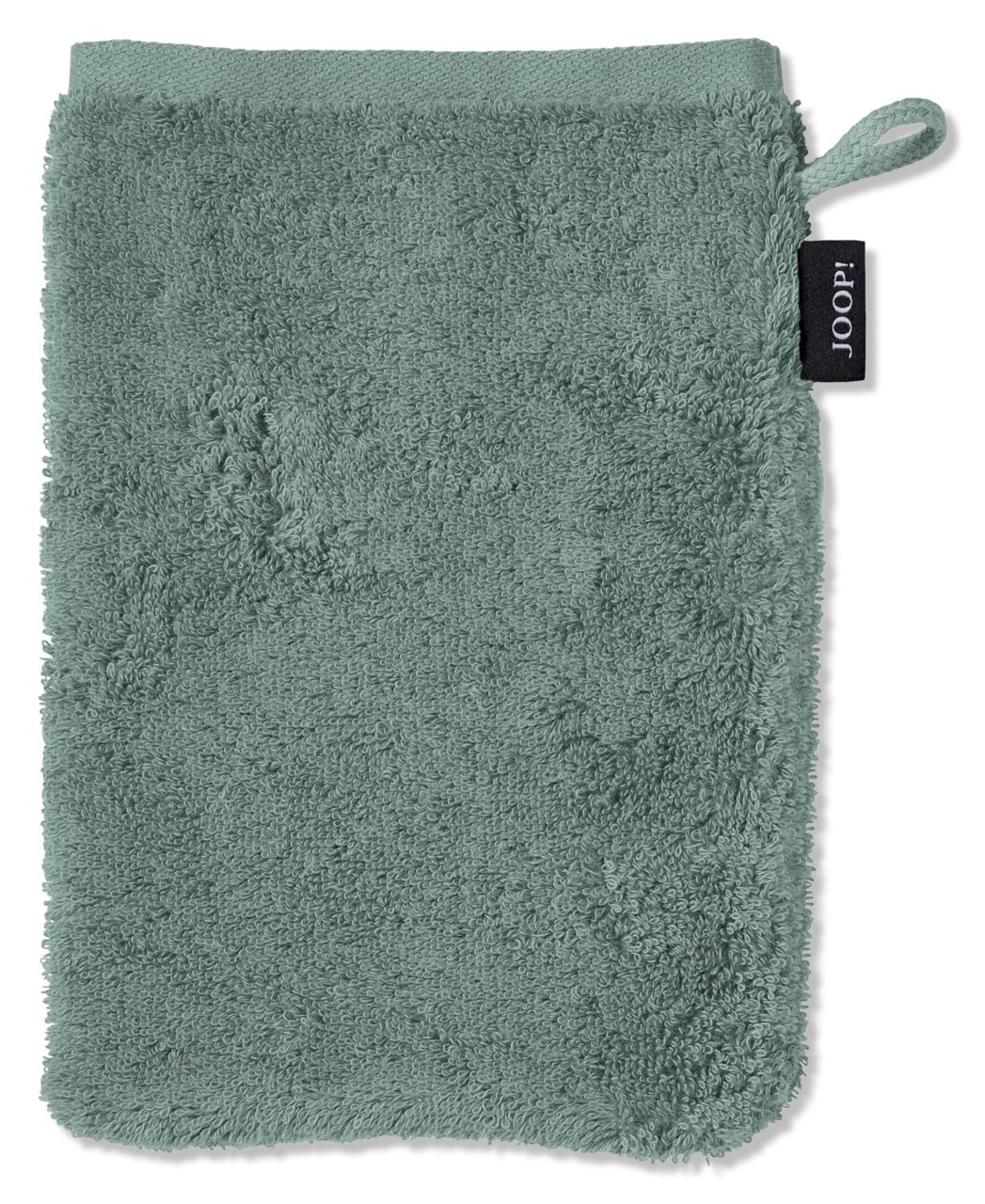 Grüner Waschhandschuh aus Frottee, Vorderansicht mit Aufhängeschlaufe und Markenetikett.