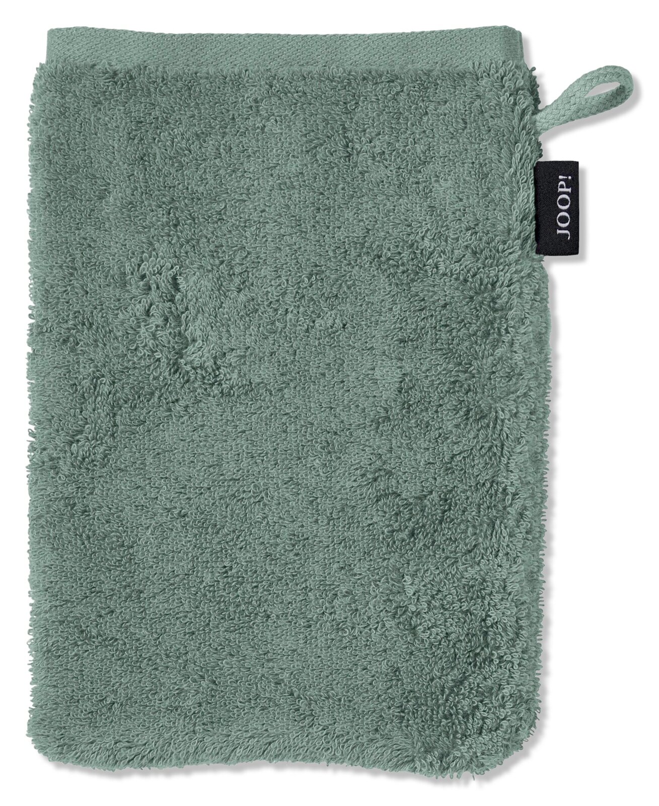 Grüner Waschhandschuh aus Frottee, Vorderansicht mit Aufhängeschlaufe und Markenetikett.