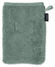 Grüner Waschhandschuh aus Frottee, Vorderansicht mit Aufhängeschlaufe und Markenetikett.