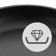 Nahaufnahme einer Pfanne mit Antihaftbeschichtung und einem Symbol für Haltbarkeit, seitliche Perspektive.