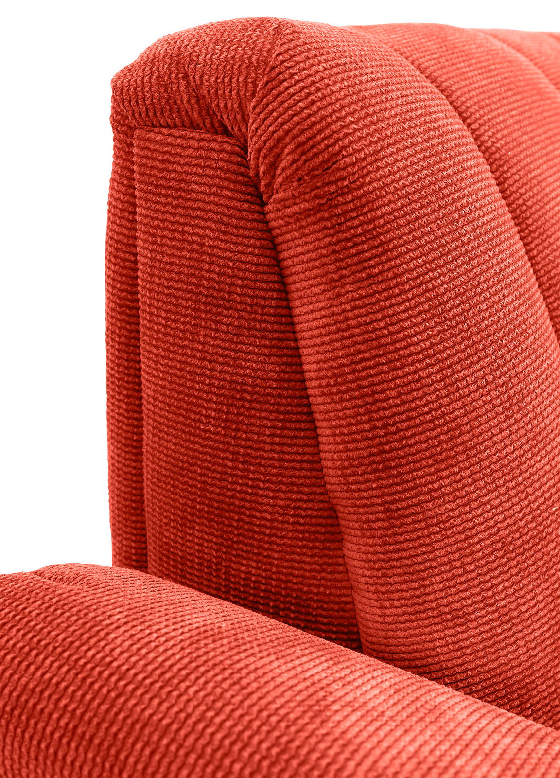 Nahaufnahme einer roten, strukturierten Polsterung einer 2er-Sitzbank, seitliche Perspektive