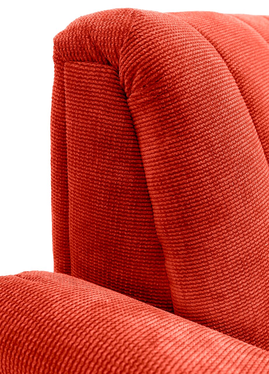 Novel 2er-Sitzbank LAILA Nahaufnahme einer roten, strukturierten Polsterung einer 2er-Sitzbank, seitliche Perspektive