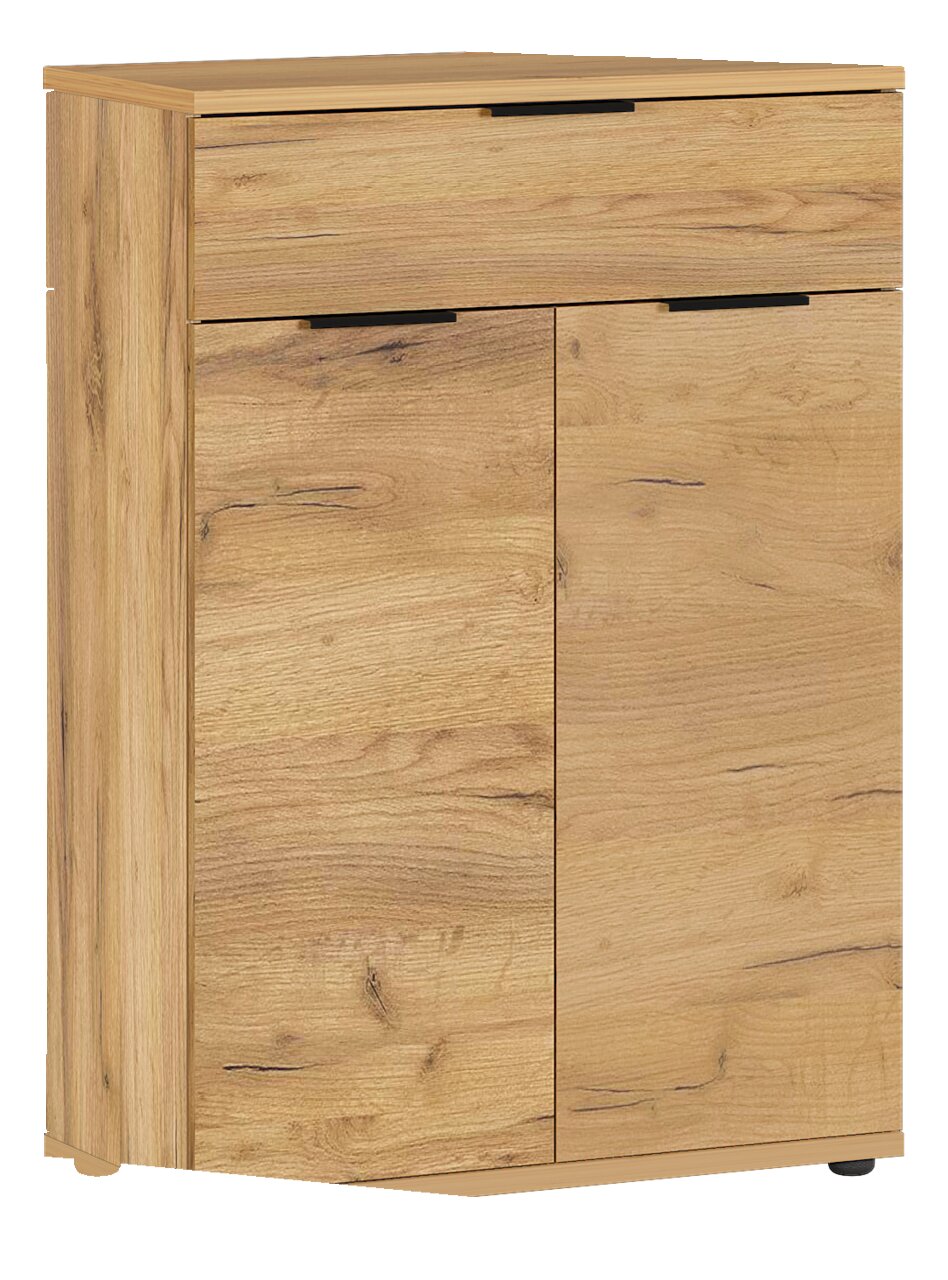 Schuhschrank aus Holz mit einer Schublade und zwei Türen, frontale Perspektive