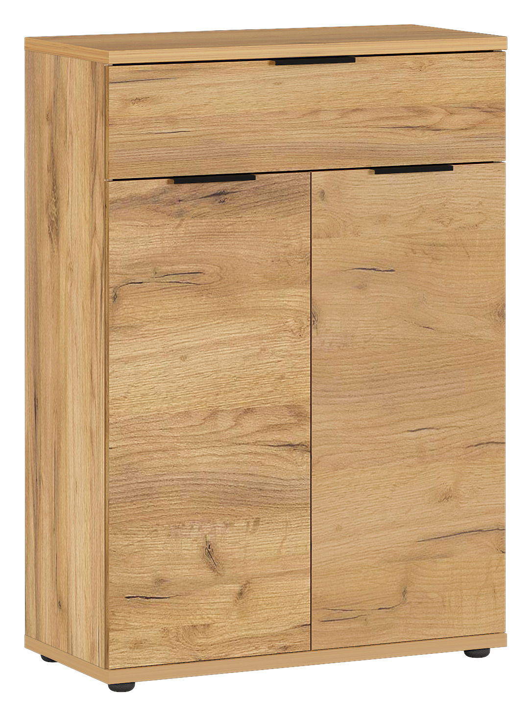 Schuhschrank aus Holz mit einer Schublade und zwei Türen, frontale Perspektive