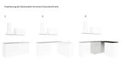Drei Perspektiven eines Eckunterschranks in einer modernen Küche, mit weißem Design und grauer Arbeitsplatte.