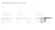Drei Perspektiven eines Eckunterschranks in einer modernen Küche, mit weißem Design und grauer Arbeitsplatte.