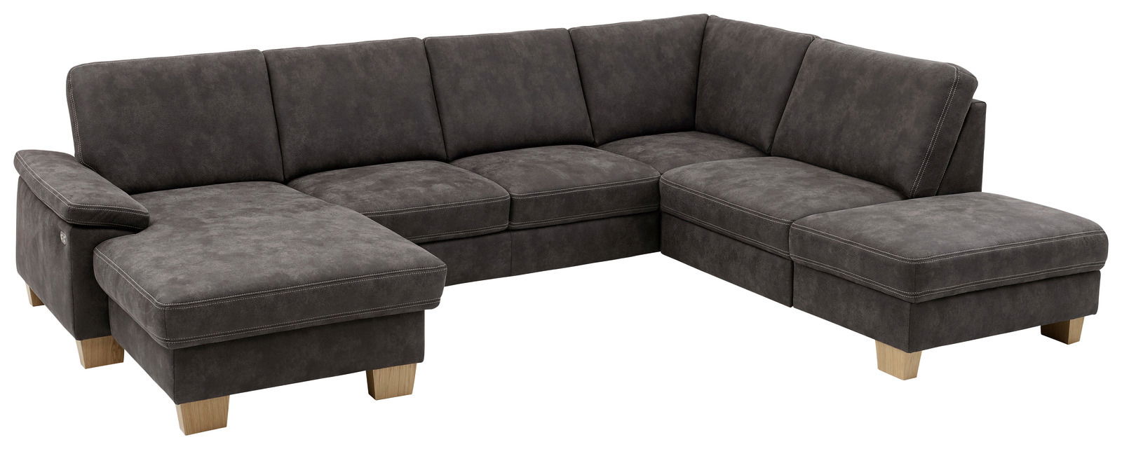 Ecksofa in dunklem Grau mit Holzfüßen, Perspektive von vorne links